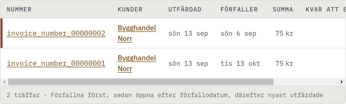 Skärmbild av Faktura vid förnyelse