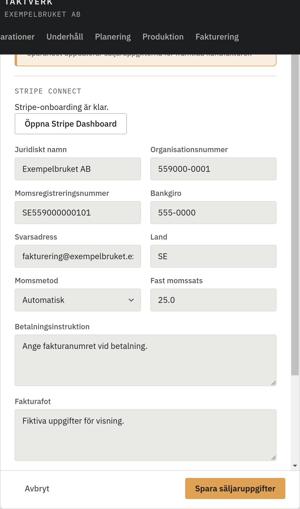 Skärmbild av Säljaruppgifter och onboarding