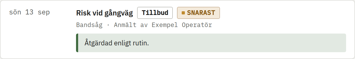 Skärmbild av Åtgärdade fel