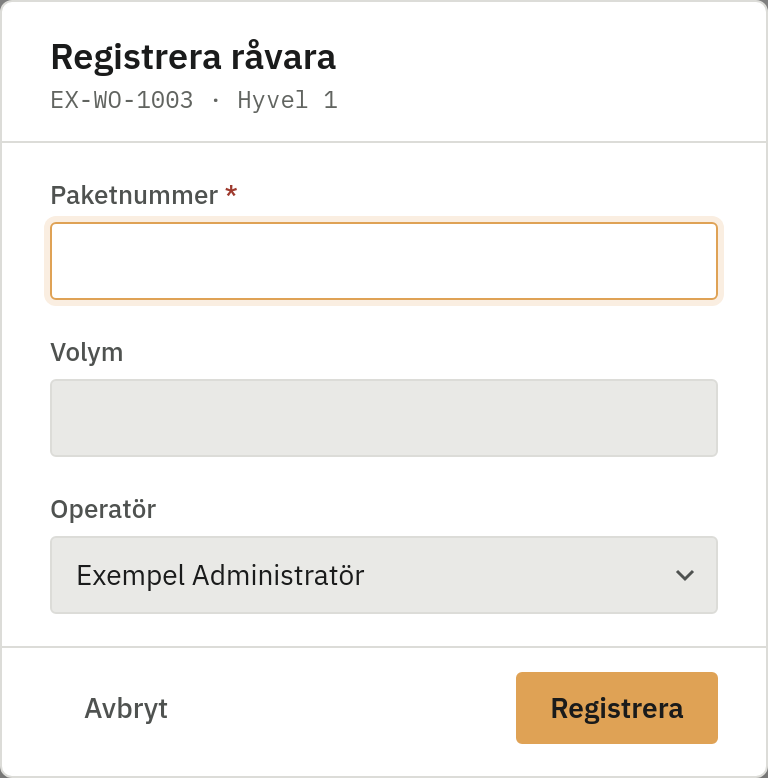 Skärmbild av Registrera råvara
