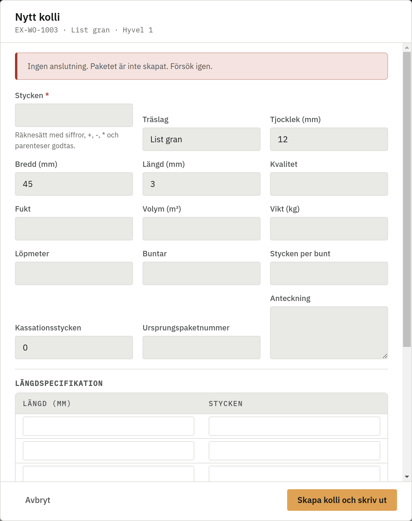 Skärmbild av Paketnummer från servern